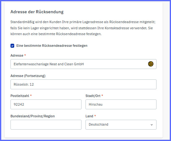 Adresse der Rücksendung